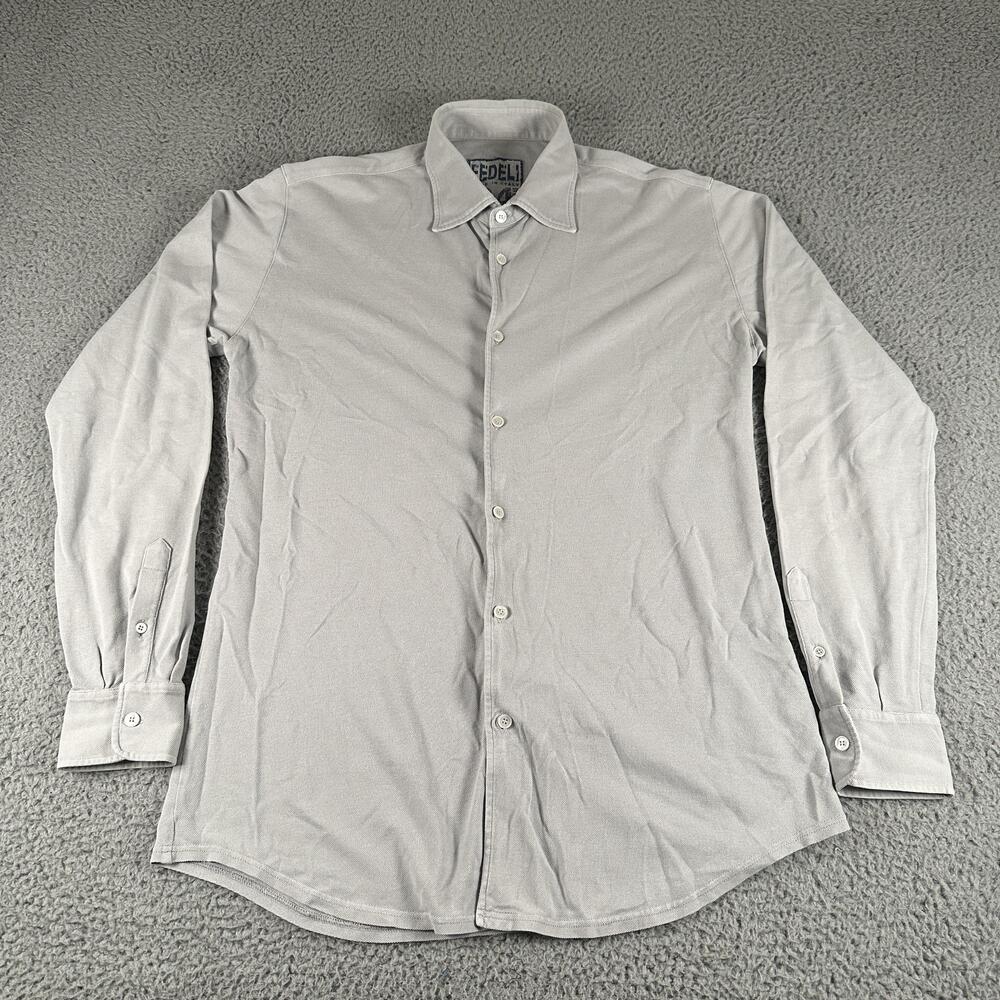 Fedeli Shirt Mens 50 Gray Cotton Jersey Pique Knit Button Up Italy Casual